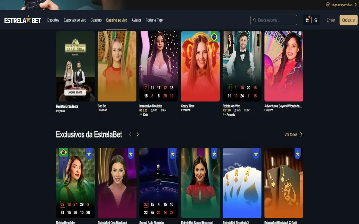 Lobby do cassino ao vivo da Estrela Bet com mesas de roleta e blackjack