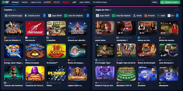 Visão geral da página inicial do LuckyStar com prévia de jogos ao vivo
